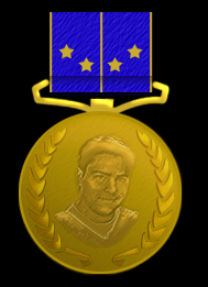 A golden medal attached to a blue ribbon, embroidered with golden stars. The medal has an image of a man surrounded by olive branches.