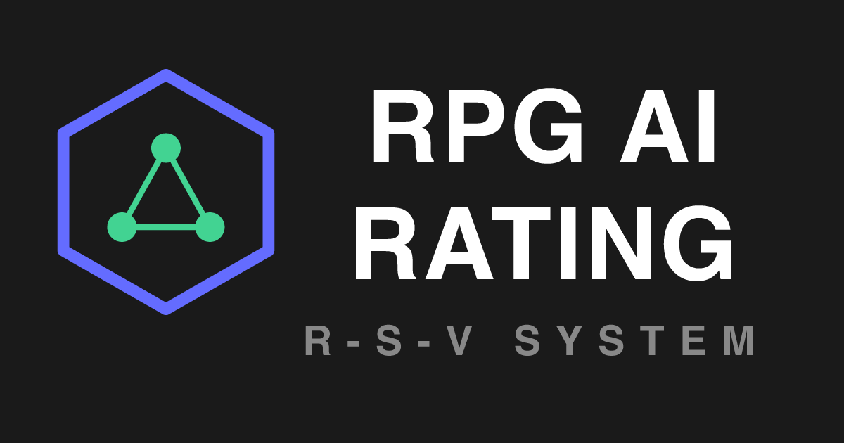 A purple hexagon with a green triangle in the middle. Next to it is the text "RPG AI Rating R-S-V System"