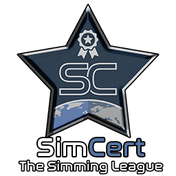A star with the letters SC inside, along with an award ribbon and a planet. Underneath, the words "SimCert The Simming League" are displayed